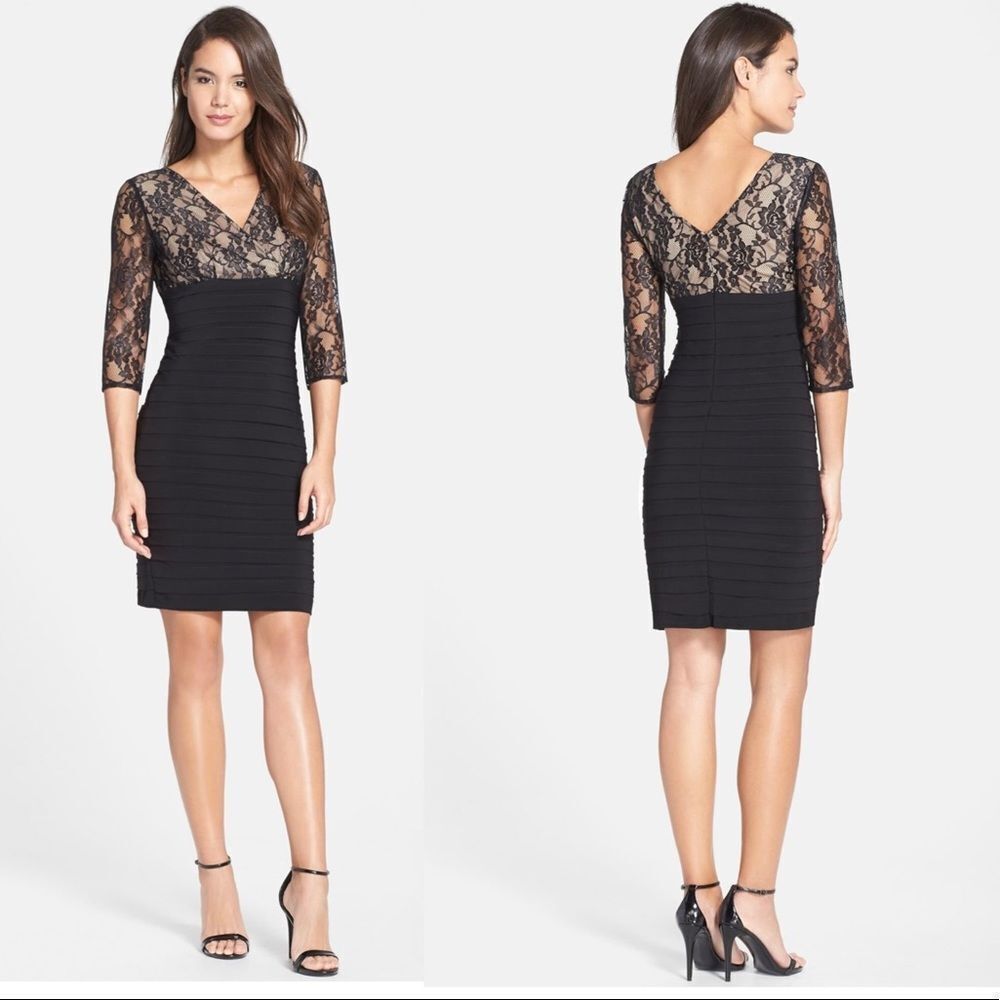 Adrianna Papell Lace Bodice Banded Sheath bodycon Dress Sz 8 Black